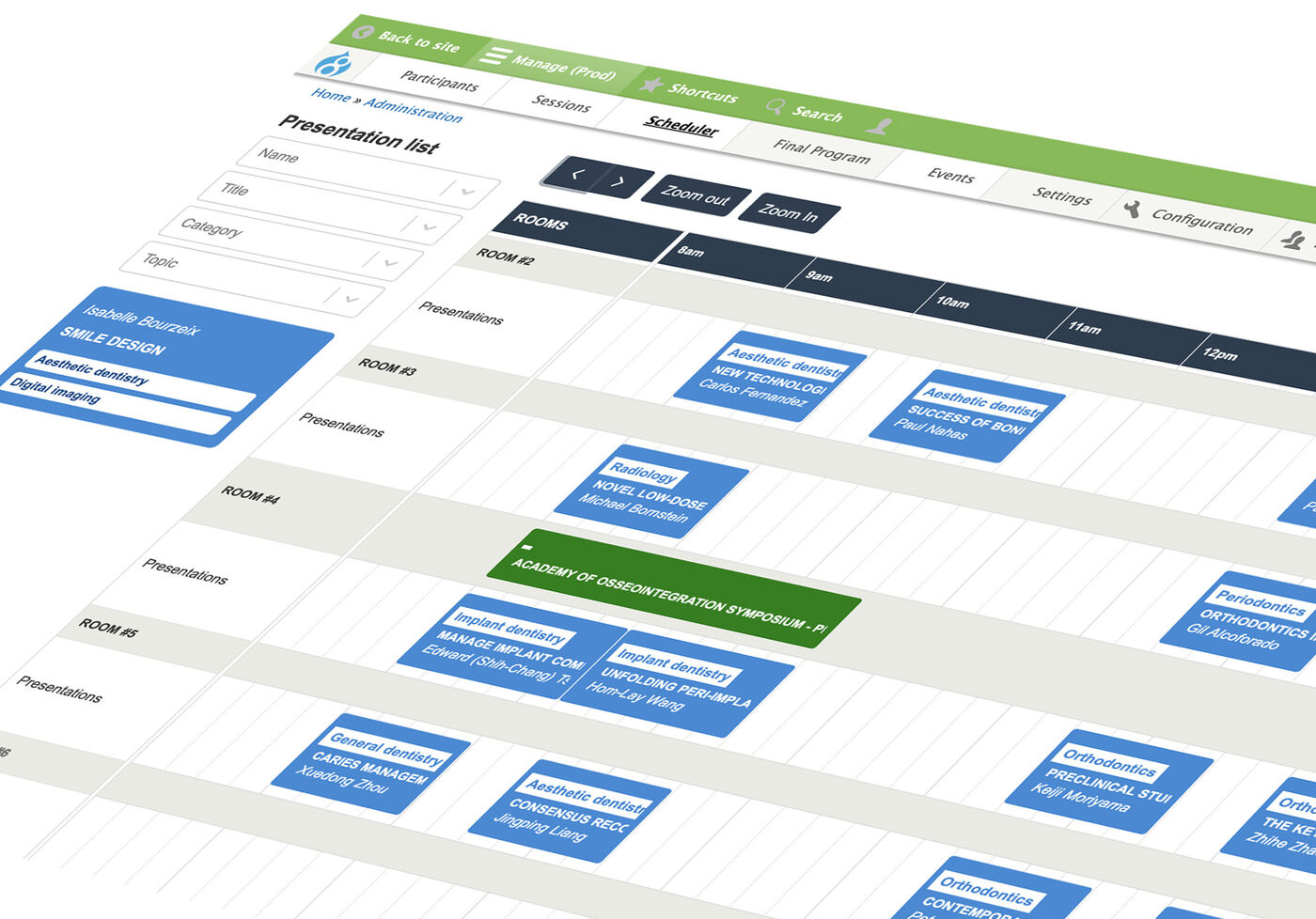 Scheduler screenshot with sessions placed in rooms by time